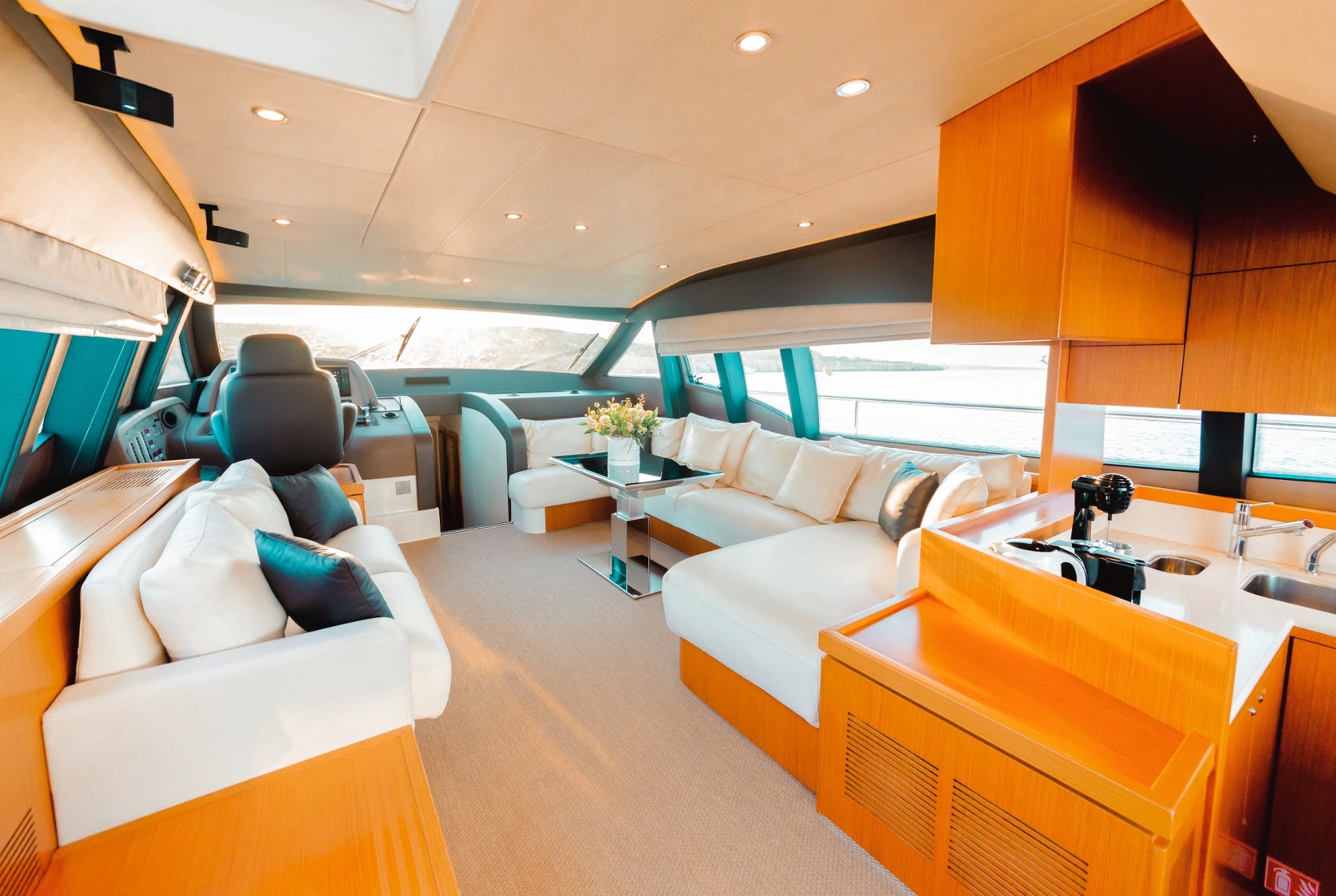 Inside of ferreti 592 yacht charter in ayia napa